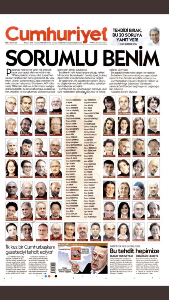 İçişleri Bakanı Süleyman Soylu'nun 'terör manşetleri' suçlamasına "Can Dündar ve ikinci cumhuriyetçilerin döneminden örnekler" açıklamasıyla katılan Cumhuriyet gazetesinin Genel Yayın Yönetmeni Aykut Küçükkaya'nın, Can Dündar döneminde yayımlanan "Sorumlu Benim" deklarasyonunda imzası olduğu gündeme geldi.