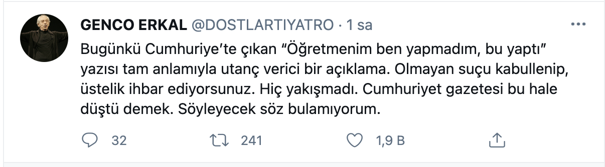 Usta oyuncu Genco Erkol'un tweet'i.