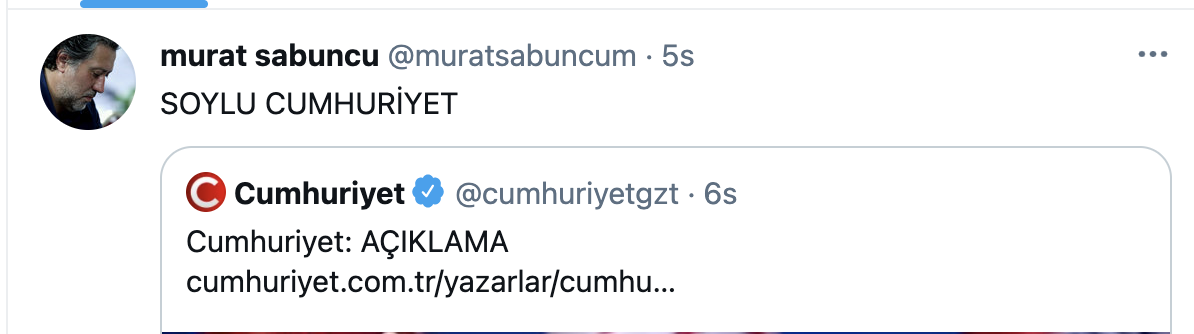 Eski Cumhuriyet Genel Yayın Yönetmeni ve T24 yazarı Murat Sabuncu'nun paylaşımı.