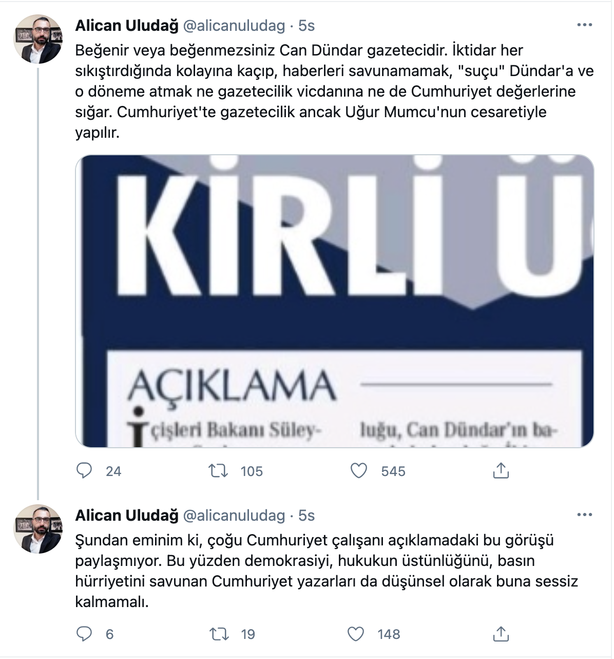 Gazetenin eski Ankara muhabiri Alican Uludağ'ın Twitter paylaşımı.
