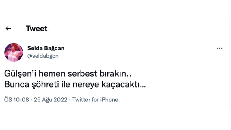 Selda Bağcan: Gülşen’i hemen serbest bırakın. Bunca şöhreti ile nereye kaçacaktı…