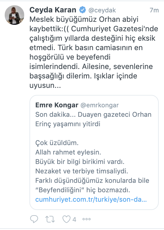 Orhan Erinç’in ardından: “Duruşunu, iyiliğini ve nezaketini unutmayacağız”