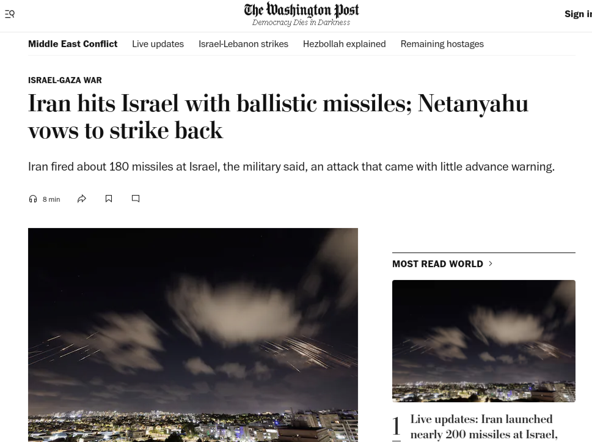 The Washington Post (ABD) | İran, İsrail'i balistik füzelerle vurdu; Netanyahu karşılık vermeye yemin etti