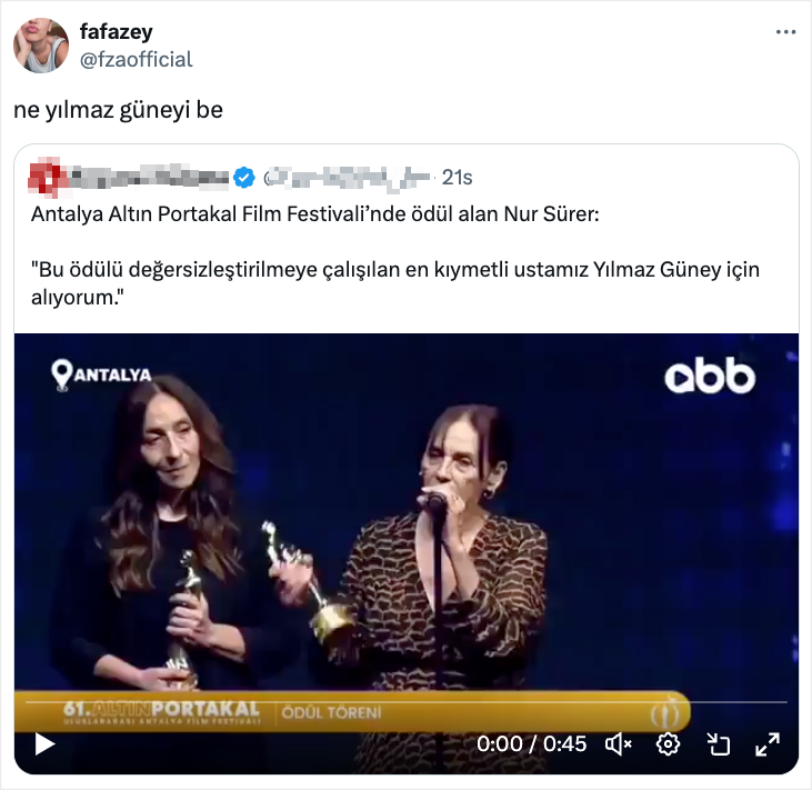FARAH ZEYNEP ABDULLAH'TAN TEPKİ Sürer'in ödülünü Güney'e atfetmesine ise oyuncu Farah Zeynep Abdullah'tan tepki geldi. Sosyal medya hesabından bir paylaşım yapan Farah Zeynep Abdullah, Sürer'in konuşmasını paylaşarak, "Ne Yılmaz Güney'i be" ifadelerini kullandı.