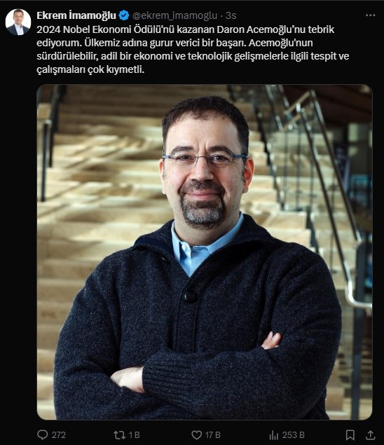 Nobel Ekonomi Ödülü'ne layık görülen Daron Acemoğlu'na sosyal medyadan tebrik mesajları yağdı: iktidarın, Acemoğlu'nun tezlerinden ders almalarını dilerim