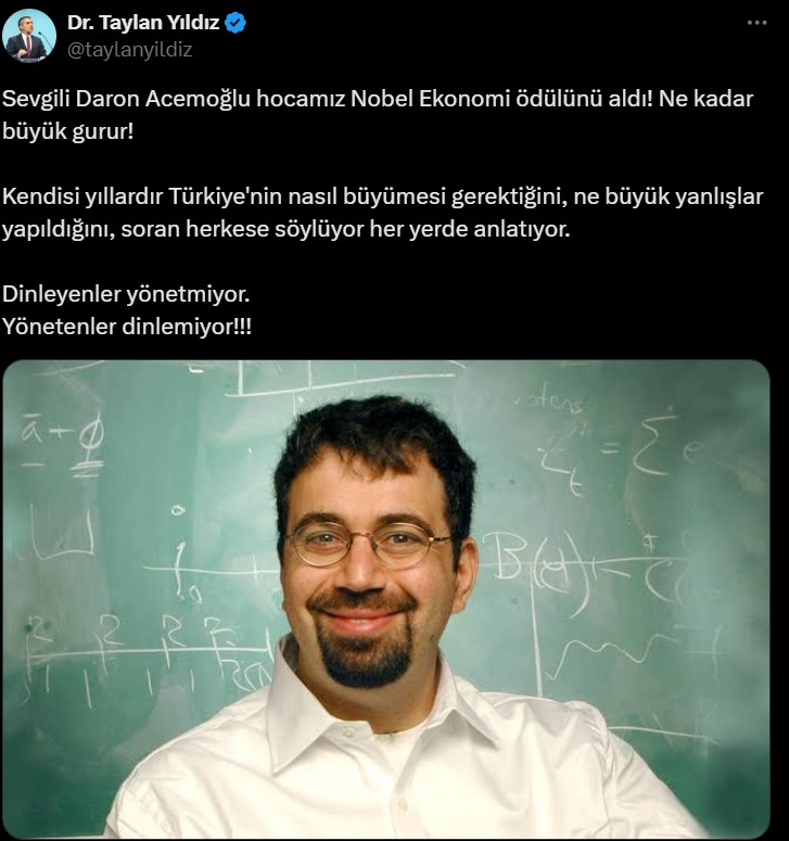 Nobel Ekonomi Ödülü'ne layık görülen Daron Acemoğlu'na sosyal medyadan tebrik mesajları yağdı: iktidarın, Acemoğlu'nun tezlerinden ders almalarını dilerim