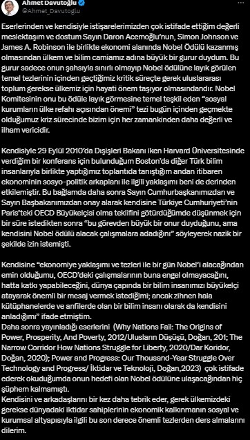 Nobel Ekonomi Ödülü'ne layık görülen Daron Acemoğlu'na sosyal medyadan tebrik mesajları yağdı: iktidarın, Acemoğlu'nun tezlerinden ders almalarını dilerim