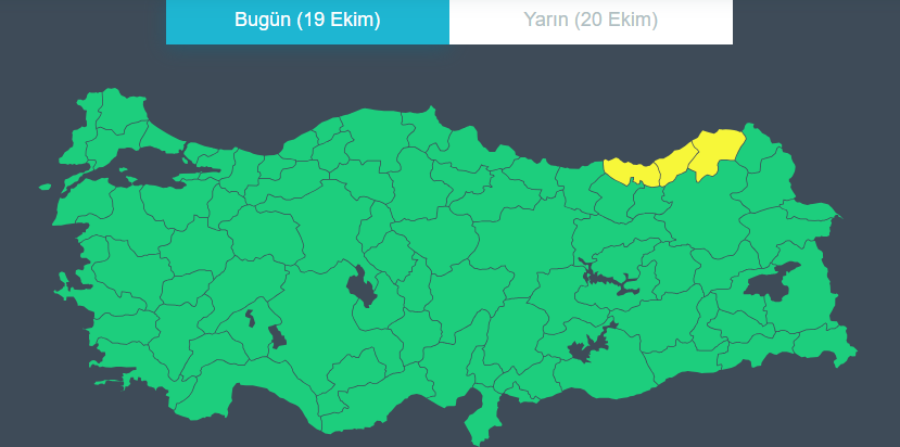 Sarı Kod nedir? Hava durumu potansiyel tehlikelidir: Tahmin edilen meteorolojik hadise olağandışı olmamakla birlikte, meteorolojik şartlardan etkilenebilecek faaliyetler konusunda dikkatli olunmalıdır. | Sarı kod verilen iller: Trabzon, Rize, Artvin