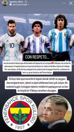 L-Gante yaptığı paylaşımda, “Türkiye’deki sporseverlerin kişisel olarak tehdit ve saygısız davranışları beni, ailemi ve işimi etkilemesi beni çok üzüyor. Bu nedenle bugün tuttuğum takımın renklerini paylaşıyorum ve ben büyük bir Fenerbahçe taraftarı olacağım” ifadelerini kullandı.
