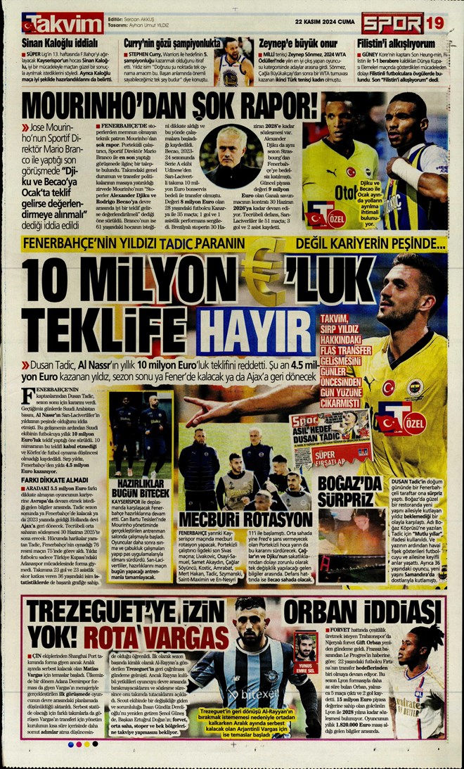Günün spor manşetleri