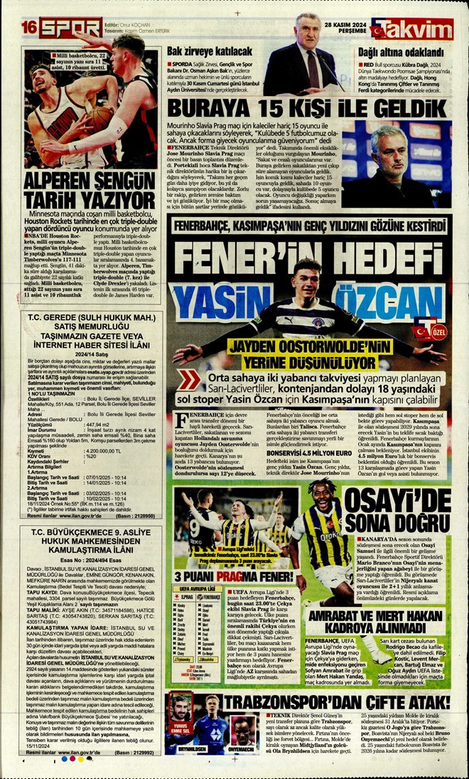 Günün spor manşetleri