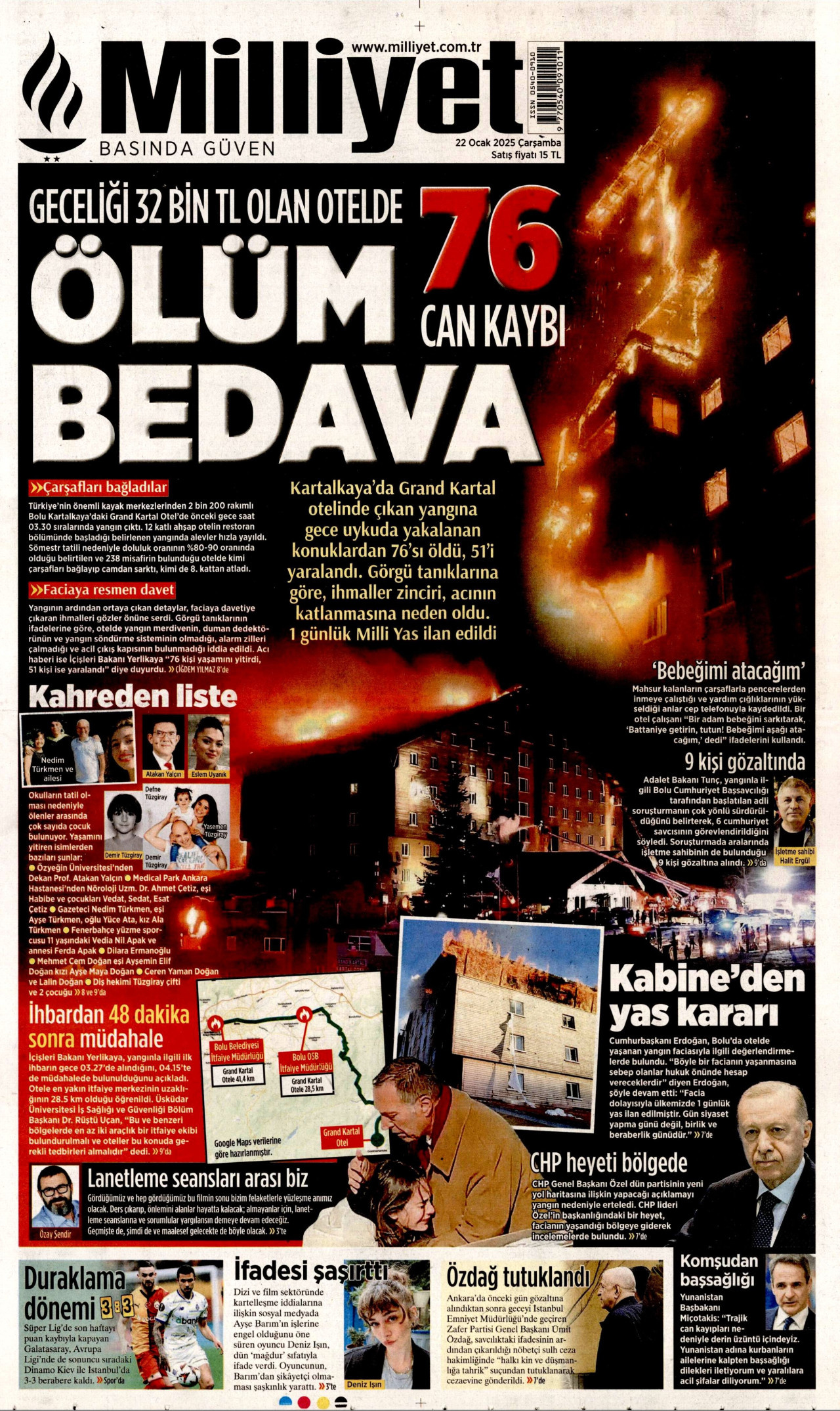 Bolu'daki yangın faciası gazetelere böyle yansıdı: Kartalkaya katliamı