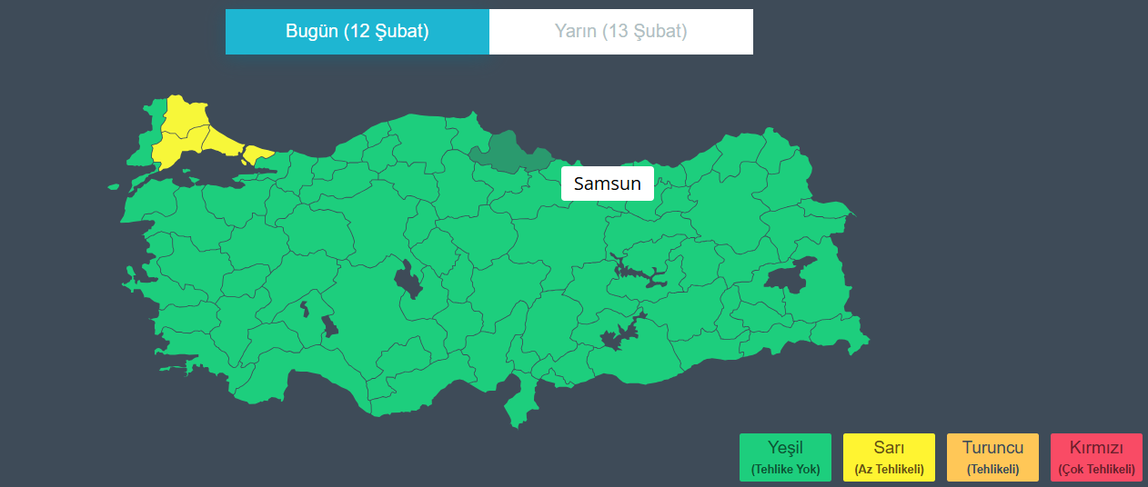 Sarı kod verilen iller: Kırklareli, Tekirdağ, İstanbul